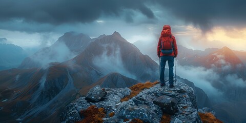 Anonymous tourist standing on rocky mountains under stormy sky