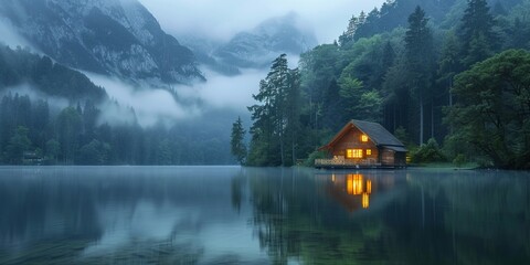 Illuminated Wooden house in the forest on a calm reflecting lake with the foggy mountains in the background at dusk - Powered by Adobe