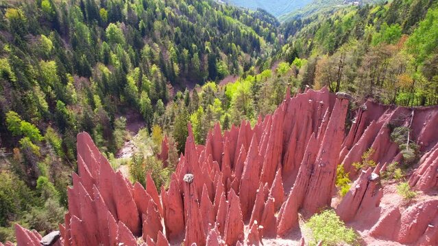 Upper Bolzano - Earth Pyramids - left-handed flight Aerial view over the Earth Pyramids