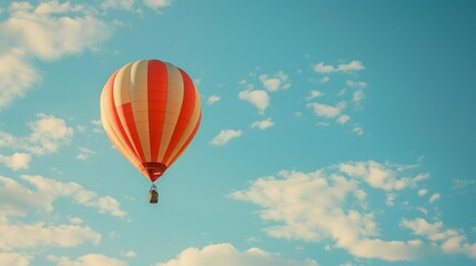 Naklejka premium A red hot air balloon is floating in the sky above a blue sky