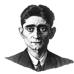 Black and white vintage engraving, close-up headshot portrait of Franz Kafka, the famous historical German-speaking Bohemian Jewish novelist and writer, white background, greyscale