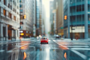 A red car driving down a city street. Perfect for automotive and transportation concepts