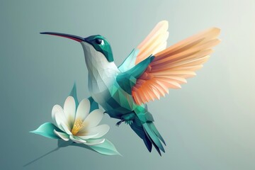 A hummingbird in flight near a colorful flower. Suitable for nature and wildlife themes