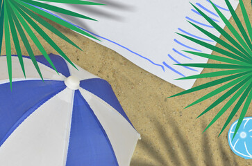 Beach umbrella on the beach in summer: photo blended with drawings and graphics. Miniature, original composition, top view,  shallow depth of field.