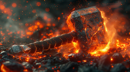 A powerful hammer forged from dragon scales and molten lava, emanating sparks and energy.