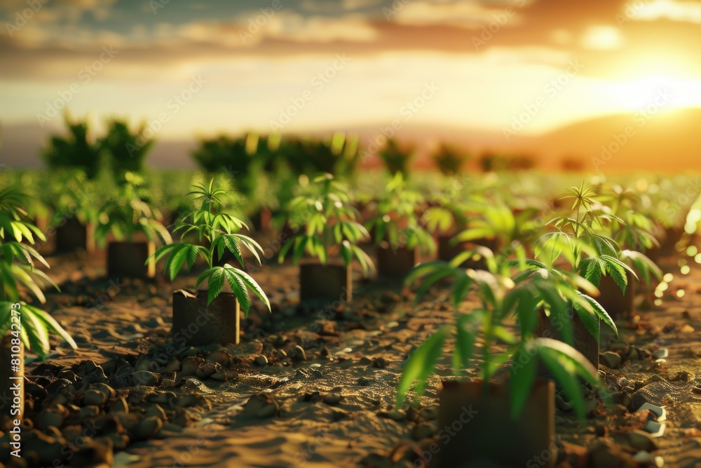 Canvas Prints A beautiful field of plants with the sun setting in the background. Perfect for nature or landscape concepts