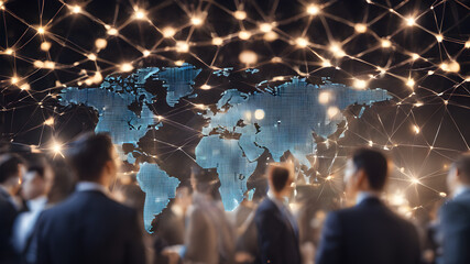 International business partnership. Business people standing silhouette on world map background,...