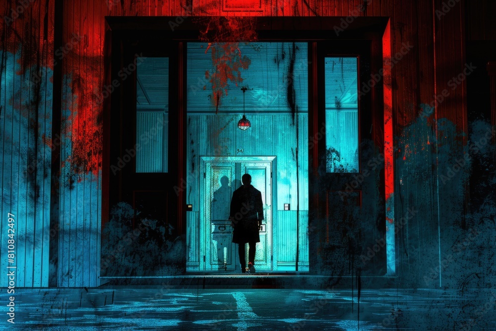 Poster a person standing in a doorway, suitable for various concepts and designs