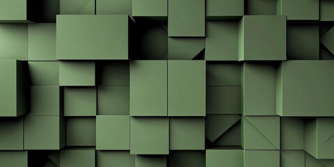 Abstract geometric army green 3d texture wall with squares and square cubes background banner illustration, textured wallpaper