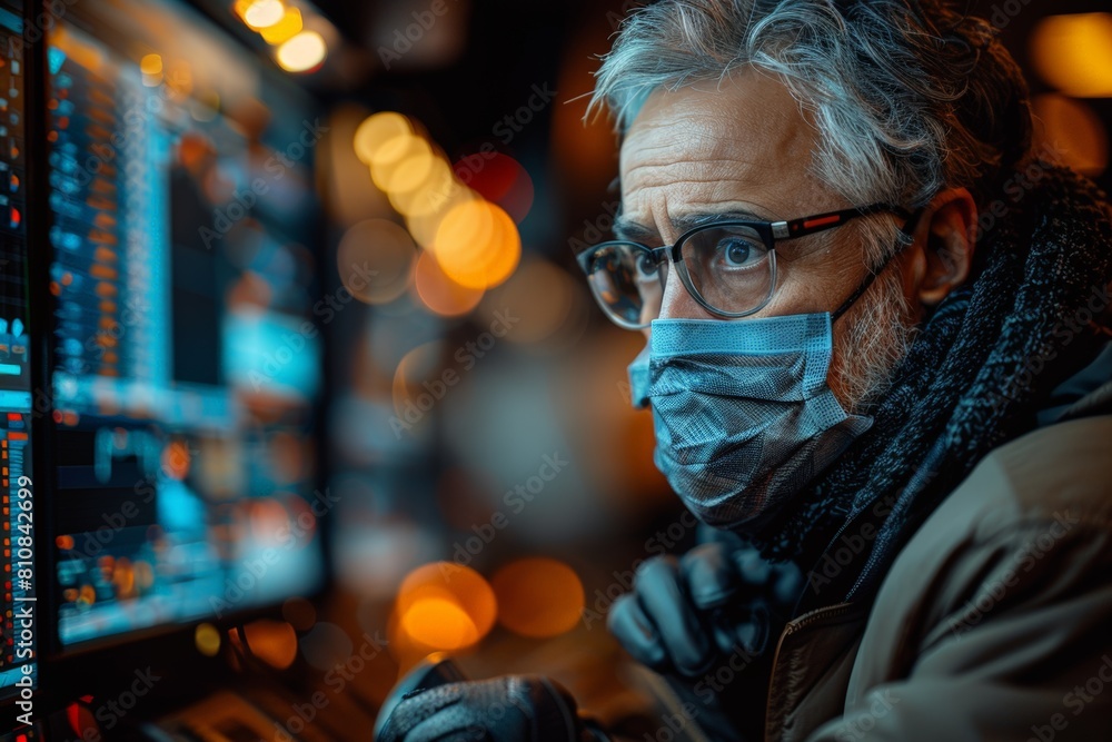Poster man wearing face mask working on computer screen