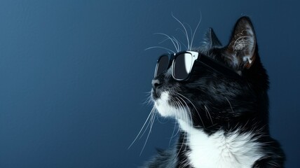 A sleek black and white tuxedo cat, wearing trendy sunglasses, lounges on the right side of a deep indigo background, leaving space on the left for text, perfect for pet grooming salons. 