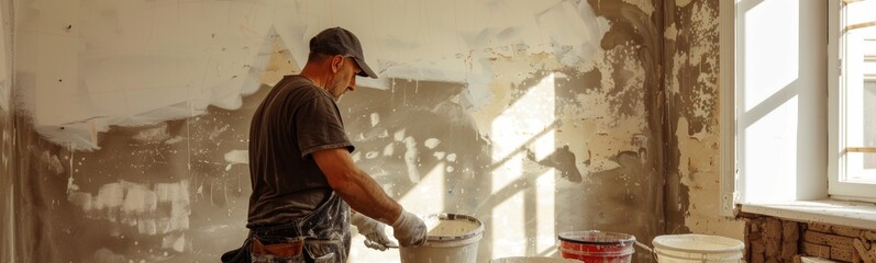 Plasterer painting a wall with a paint can. Banner