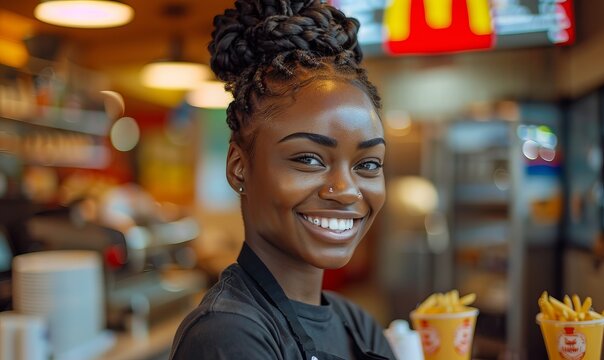 Young black woman with cheerful smile working at a fast food restaurant