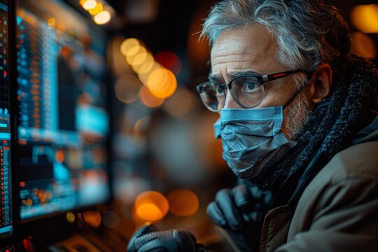 Man wearing face mask working on computer screen