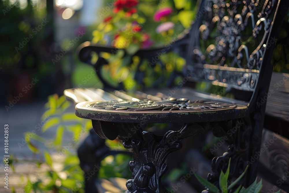 Poster close up of a bench with flowers, suitable for outdoor design concepts