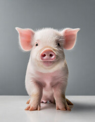 Cute baby pig sitting on white studio background; young piglet; funny curious animal 