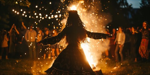 Woman dancing around bonfire at night with people around. Summer Solstice Day, Midsummer, Litha, Ivan Kupala celebration. Slavic pagan holiday. Wiccan ritual, witchcore aesthetics. 