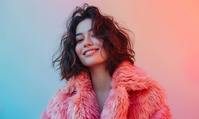 Happy woman wearing faux fur coat against gradient background