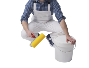 Professional painter holding a paint roller and paint bucket