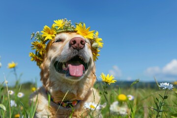 Dog wearing sunflower wreath in sunflower field. Summer Solstice Day, Midsummer, Litha, Ivan Kupala celebration. Slavic pagan holiday. Wiccan ritual, witchcore aesthetics. 