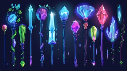 Symbols of mystical assets for fantasy games in a set of magic staffs, wands, or walk sticks with glowing gems and crystals. A set of magic staffs, wands, or walk sticks with glowing gems and