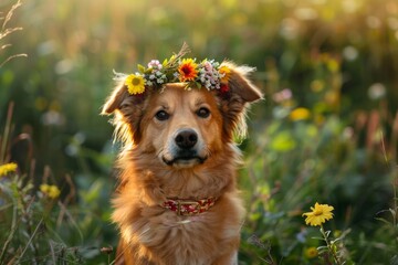 Dog wearing floral wreath in meadow at sunset. Summer Solstice Day, Midsummer, Litha, Ivan Kupala celebration. Slavic pagan holiday. Wiccan ritual, witchcore aesthetics. 