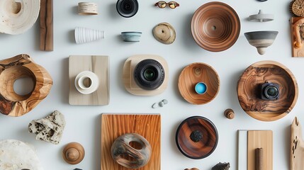 A variety of items photographed from unique perspectives against a clean white surface, showcasing...