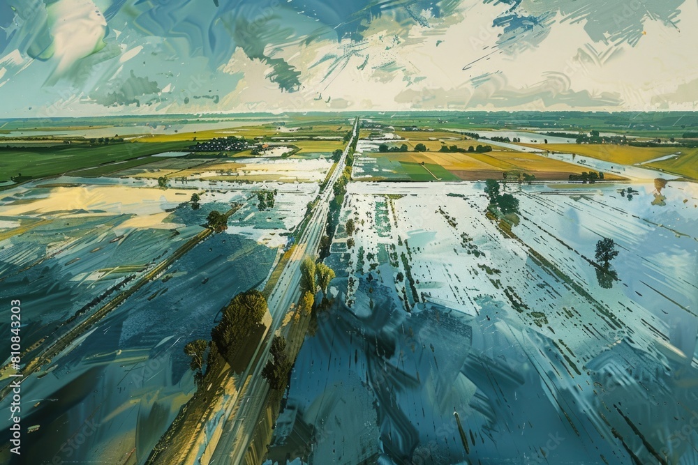 Poster a serene painting of a vast open field under a clear sky. ideal for nature-themed designs