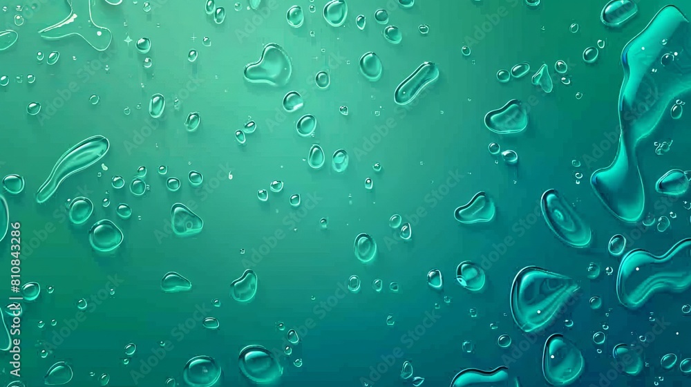 Poster drops of condensation on a green horizontal background. rain droplets with light reflection abstract