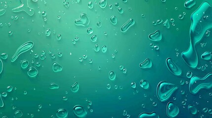 Drops of condensation on a green horizontal background. Rain droplets with light reflection abstract wet texture, scattered pure aqua blobs pattern, backdrop, realistic 3D modern footer or header.