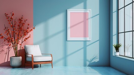 Produce a basic white poster set against a pastel color wall in a creative studio