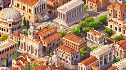 The Ancient Rome city is a cartoon cityscape photo with a parallax background. Separated modern layers include the Capitol basilica, Castrum, Medicorum, Harbor, Roman Amphitheater, forum, taberna,