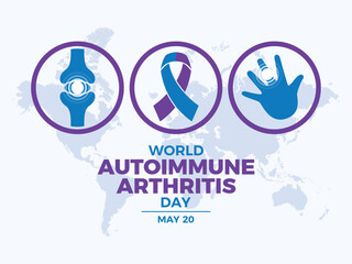 World Autoimmune Arthritis Day poster vector illustration. Blue purple awareness ribbon and rheumatic disease icon set vector. Template for background, banner, card. May 20. Important day