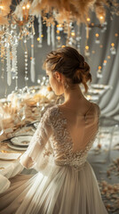Naklejka premium A woman is sitting at a table with a white dress on