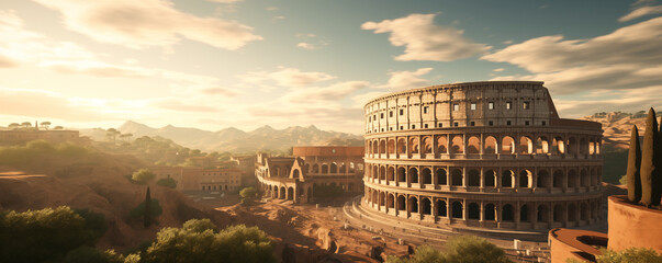 Ancient roman ruins with Colosseum in Rome, panoramic view, generated ai 