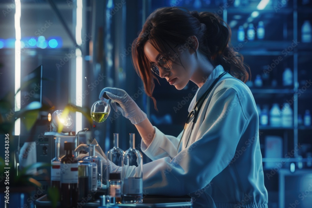 Poster a woman in a lab coat conducting an experiment. suitable for science and education concepts