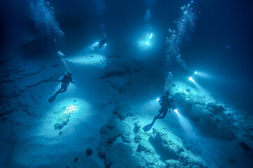 Fototapeta premium A group of divers are swimming in the ocean at night