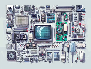Fototapeta premium A computer monitor is surrounded by various electronic components