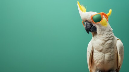 A cheerful cockatoo, wearing vibrant sunglasses, perches on the right side of a tropical green background, leaving space on the left for text, perfect for promoting bird pet supplies. 