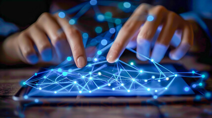 A person is using a tablet to draw a complex network of lines