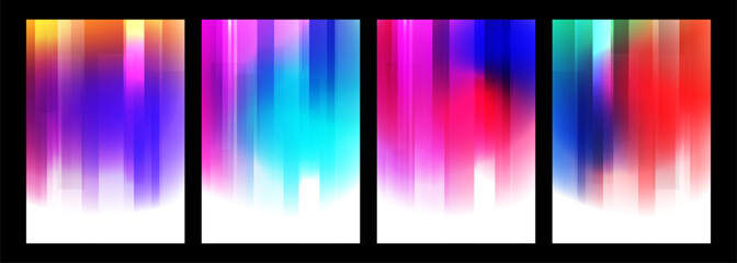 Defocused vibrant colored abstract backgrounds with vertical dynamic lines. Futuristic blurred bright color gradients for creative graphic design. Vector illustration.