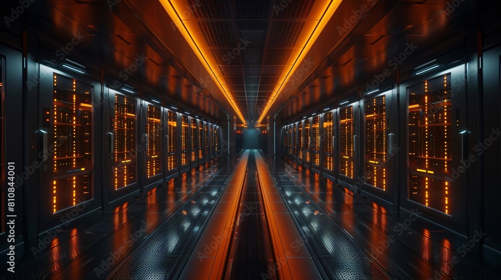 Aufkleber a high-tech data center, with rows of glowing servers: advanced backup solutions in a high-tech data