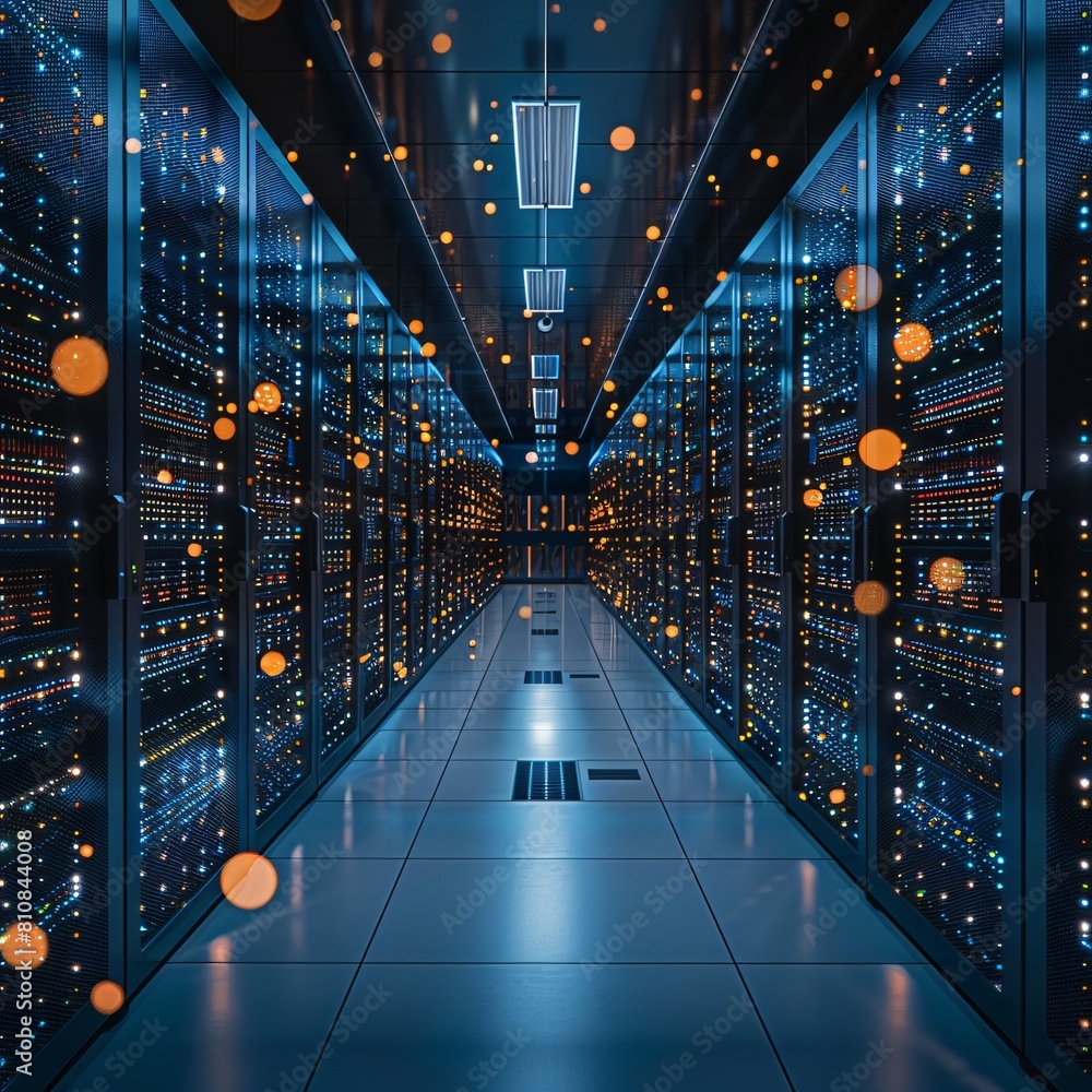 Aufkleber a high-tech data center, with rows of glowing servers: advanced networking for efficient data manage