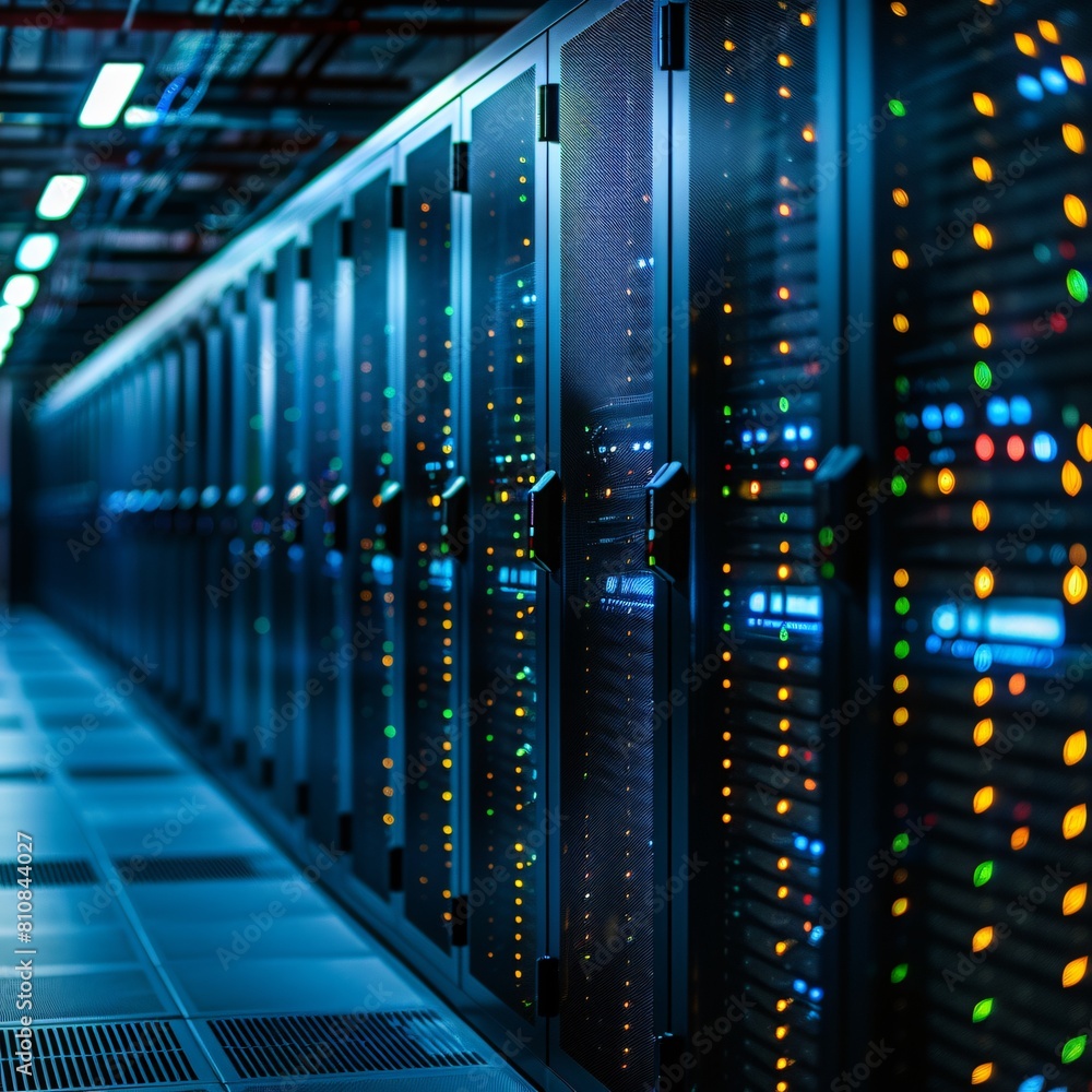 Poster a high-tech data center, with rows of glowing servers: crafting the future of data with advanced sto