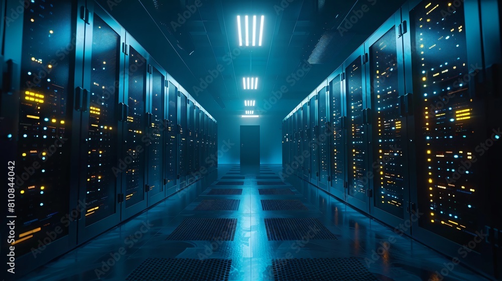Poster a high-tech data center, with rows of glowing servers: comprehensive network enhancements for seamle