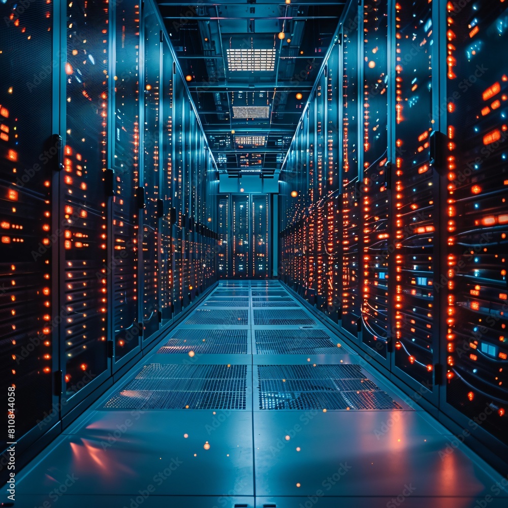 Poster a high-tech data center, with rows of glowing servers: data centers: harnessing the power of advance