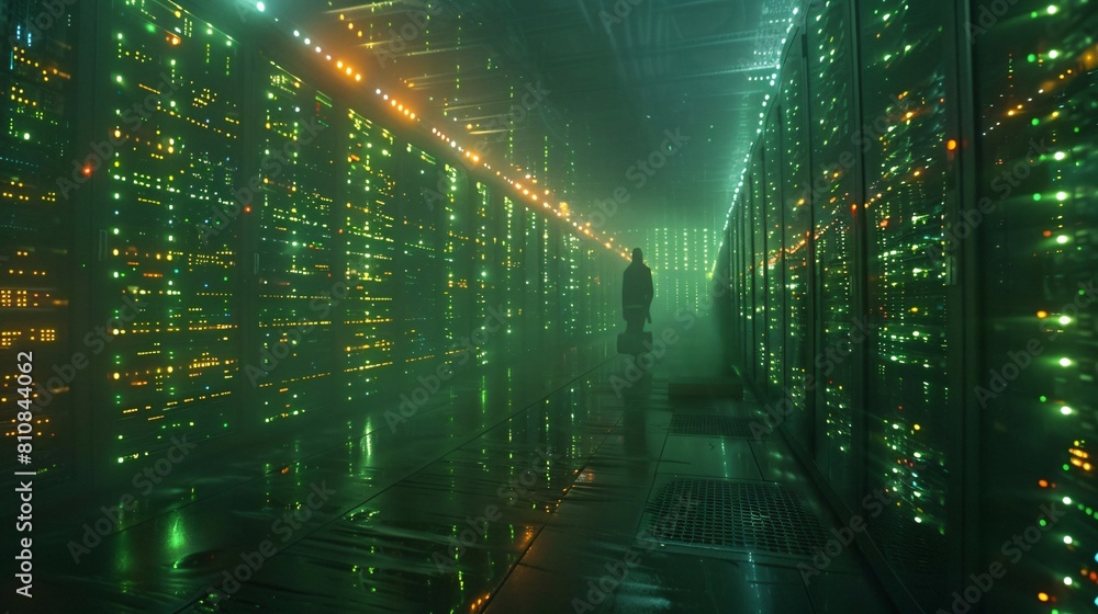 Poster a high-tech data center, with rows of glowing servers: data and compute: the twin pillars of technol