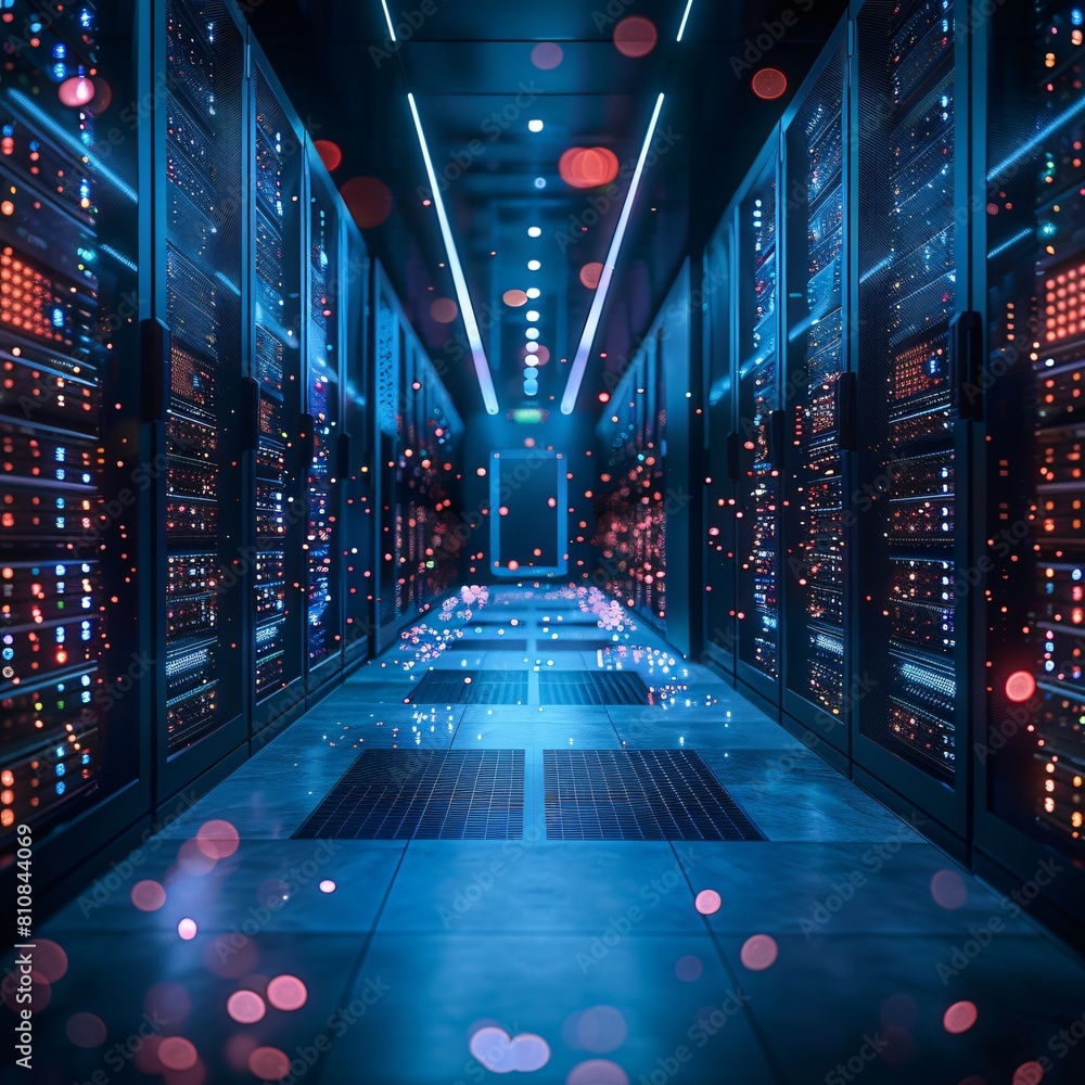Poster a high-tech data center, with rows of glowing servers: data centers: the command posts for modern ne
