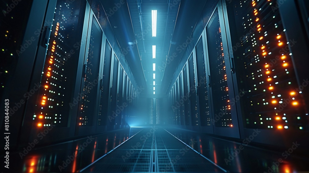 Poster a high-tech data center, with rows of glowing servers: data storage mastery in modern it environment
