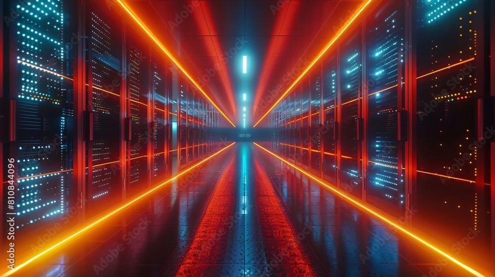 Poster a high-tech data center, with rows of glowing servers: driving data success: advanced storage and ne